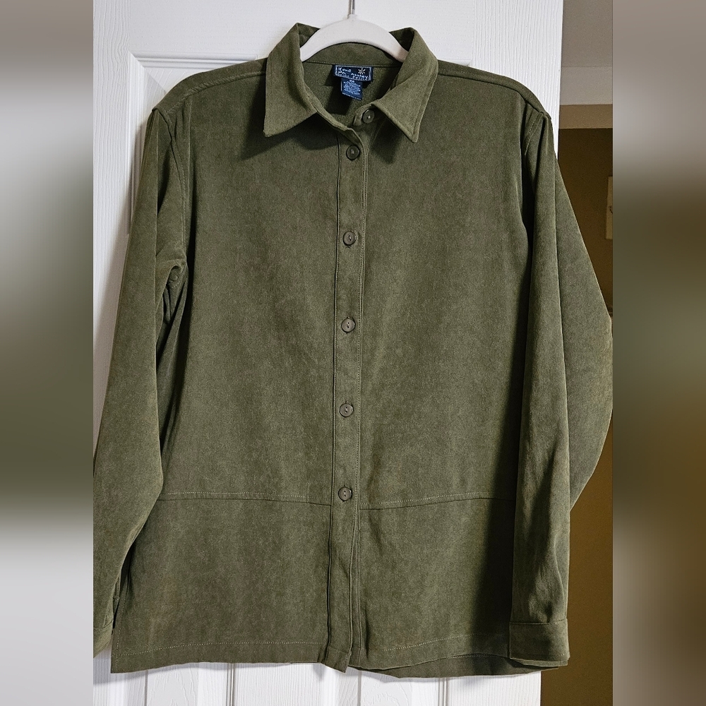 Olive Green Button Front Suede Feel Shirt Jacket | Soft Utility Top